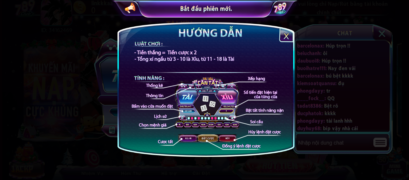 Các bước thực hiện đặt cược khi chơi Tài Xỉu tại 789Club apk